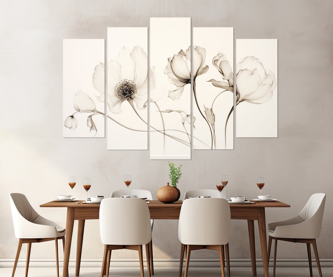 Minimalist White Flowers Line Art Neutral Botanical Wall Art Print - Image 3