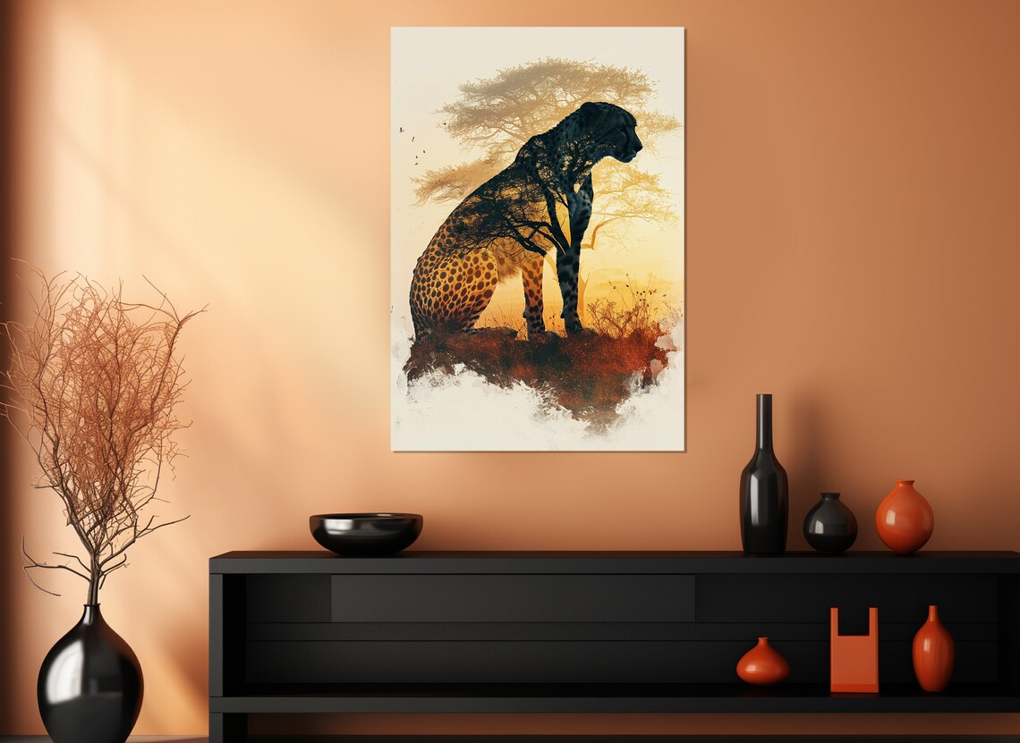 Cheetah Silhouette African Savanna Sunset Double Exposure Wildlife Wall Poster - Image 3
