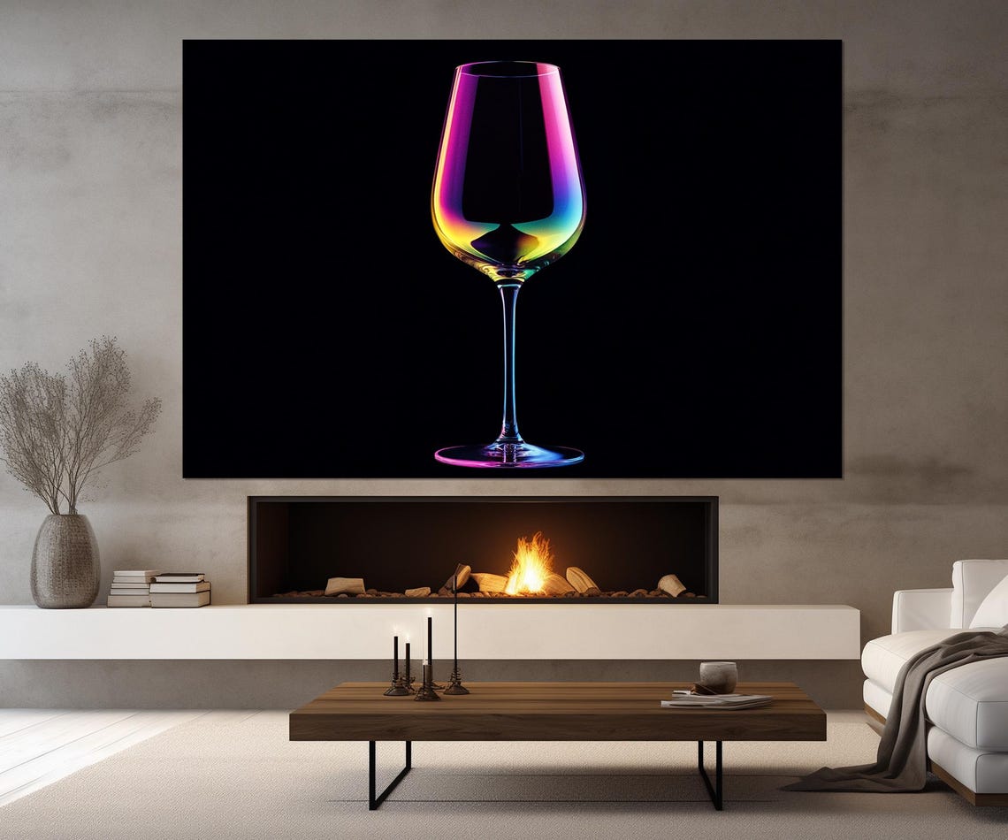 Neon Rainbow Wine Glass Abstract Triptych Black Canvas Wall Poster - Image 4