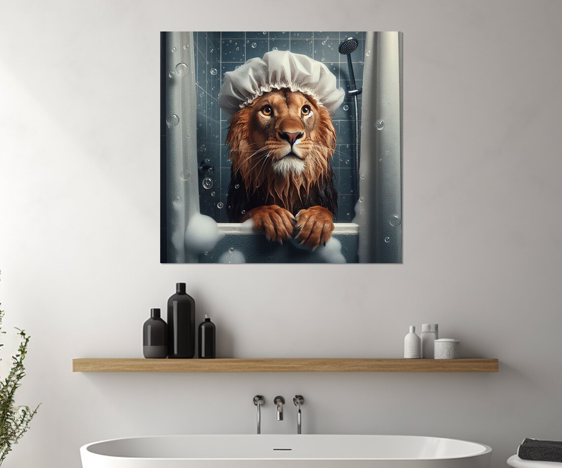 Majestic Lion With White Shower Cap in Bubble Bath Animal Poster - Image 2