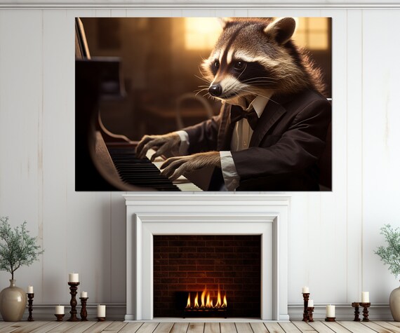 Raccoon In Tuxedo Playing Grand Piano Warm Backlight Funny Animal Pianist Poster