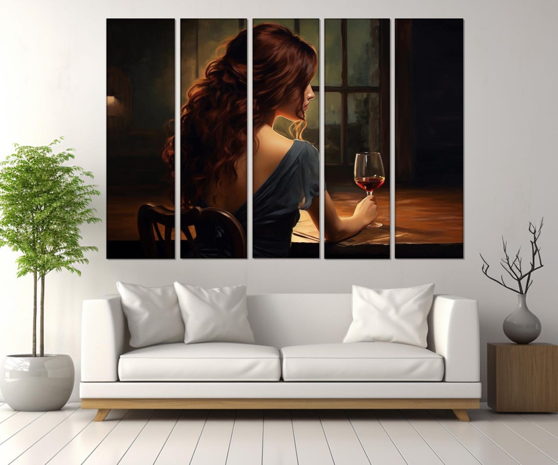 Woman With Wine Glass By Window Moody Night Romantic Painting Poster - Image 2