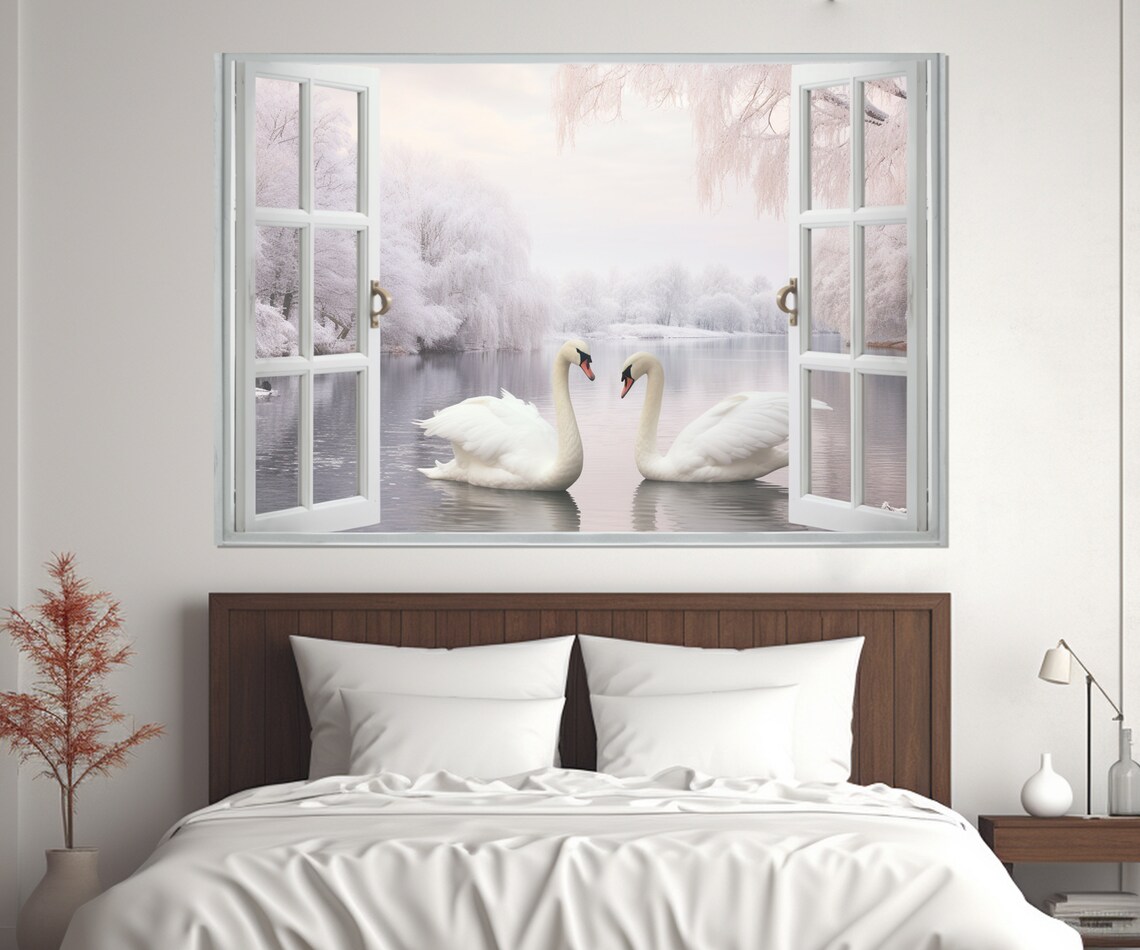 Open Window With Swans, Winter Lake View Art Print - Image 4