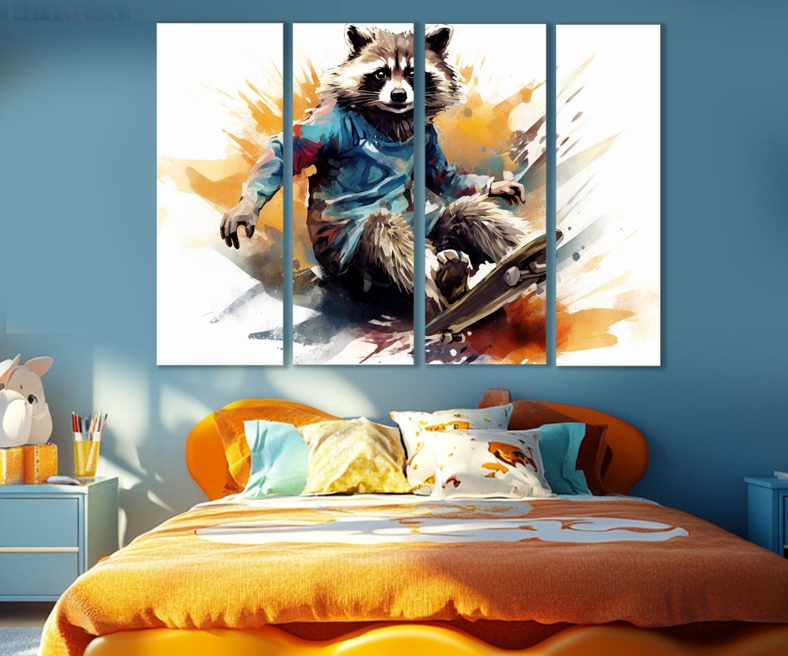 Pop Art Raccoon Skateboarder Watercolor Splash Skateboard Trick Poster - Image 2