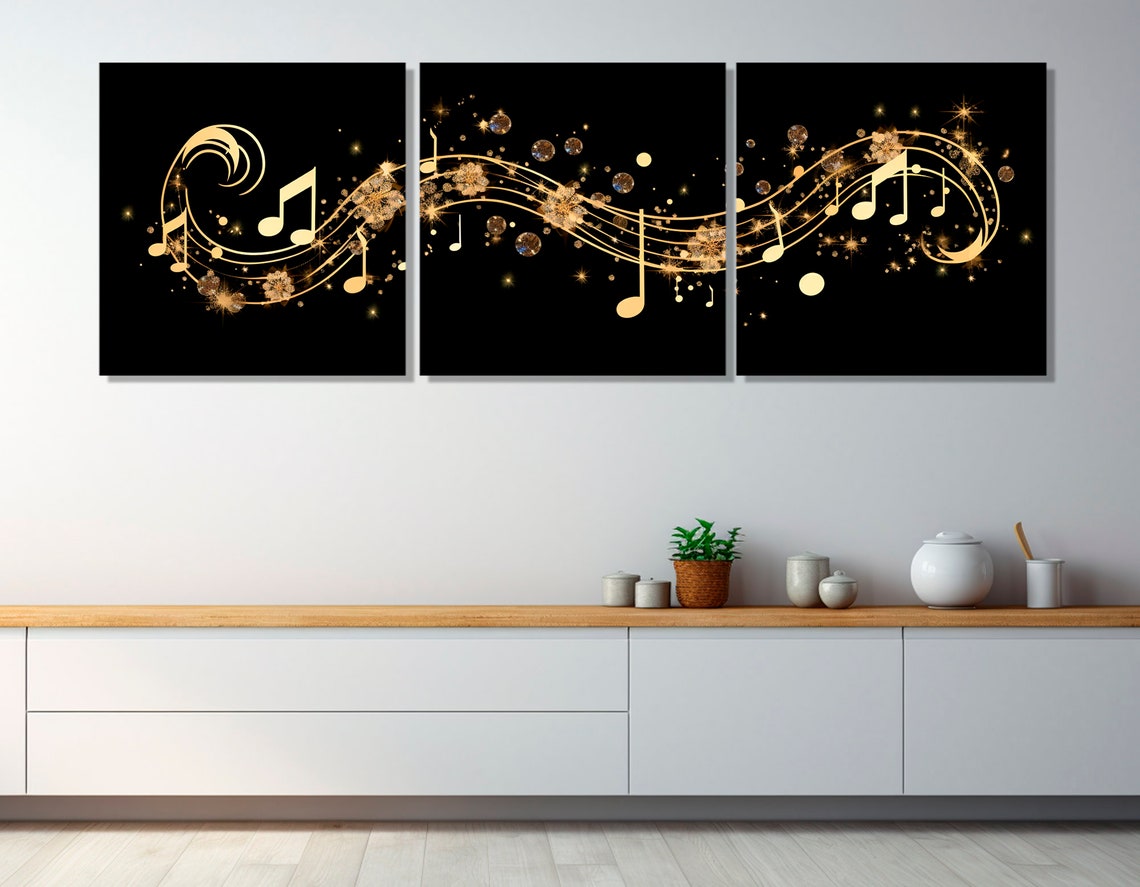 Golden Music Notes Black Sparkling Abstract Melody Musician Wall Art - Image 2