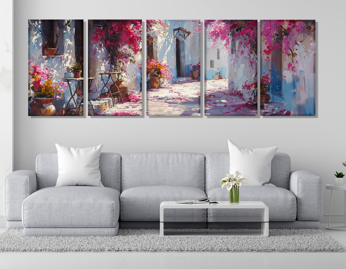 Scenic Greek Island Street With Pink Flowers Painting Print Santorini Street Painting Oia Village Wall Art Framed Ready To Hang - Image 2