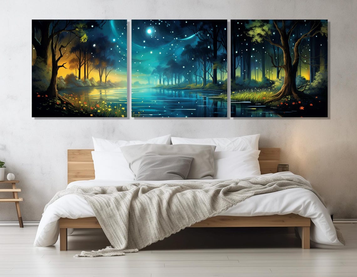 Fantasy Night Forest Fireflies Starry Sky River Panoramic Poster - Image 4