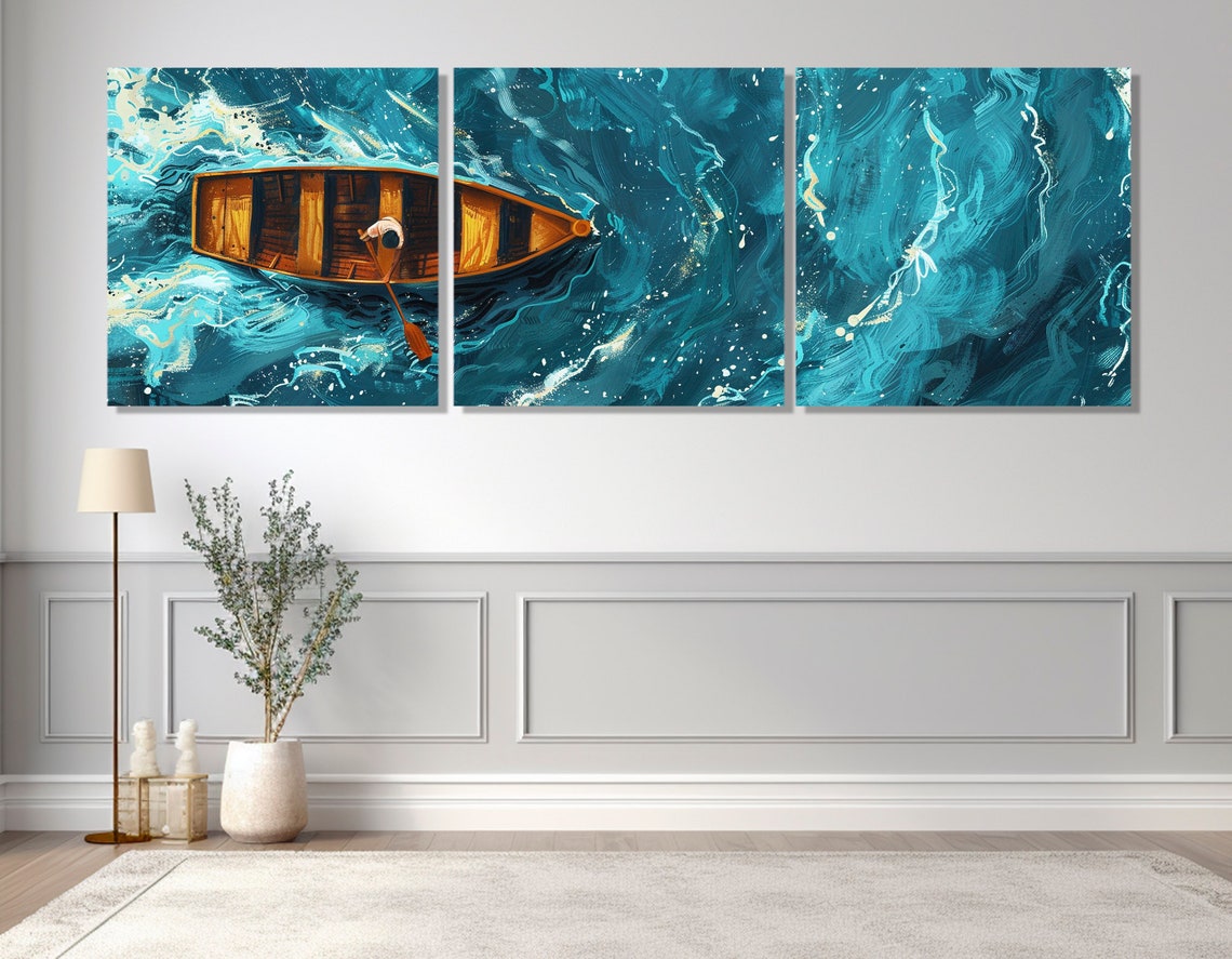 Lone Rower Wooden Boat Aerial Turquoise Water Minimalist Poster - Image 4