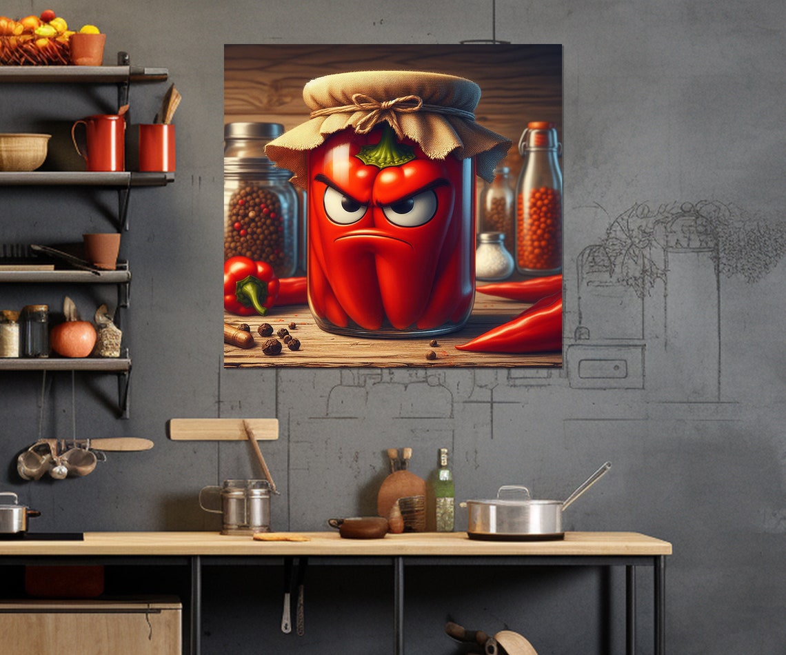Angry Red Pepper Pickle Jar Rustic Kitchen Funny Wall Art Decor Print - Image 3