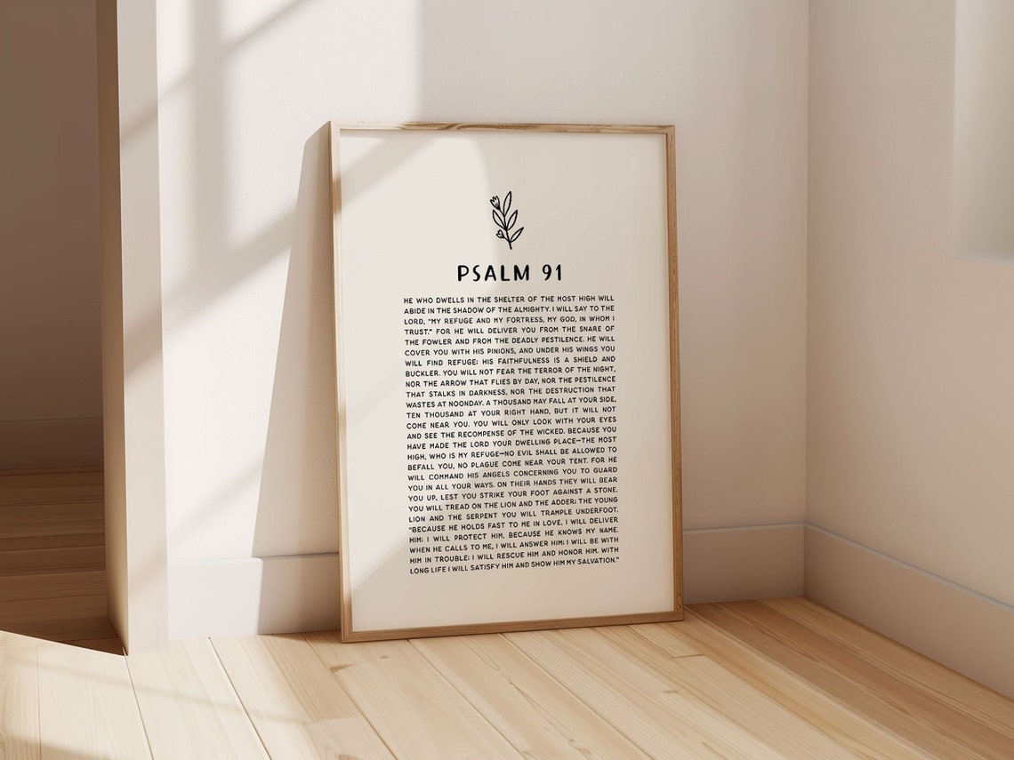 Psalm 91 Christian Floral Poster Minimal Modern Scripture Decor Bold Typography Baptism Gift Idea Nursery Sunday School Scripture Memory