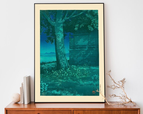 Japanese Night Tree Shrine Dark Blue Woodblock Style Art Poster