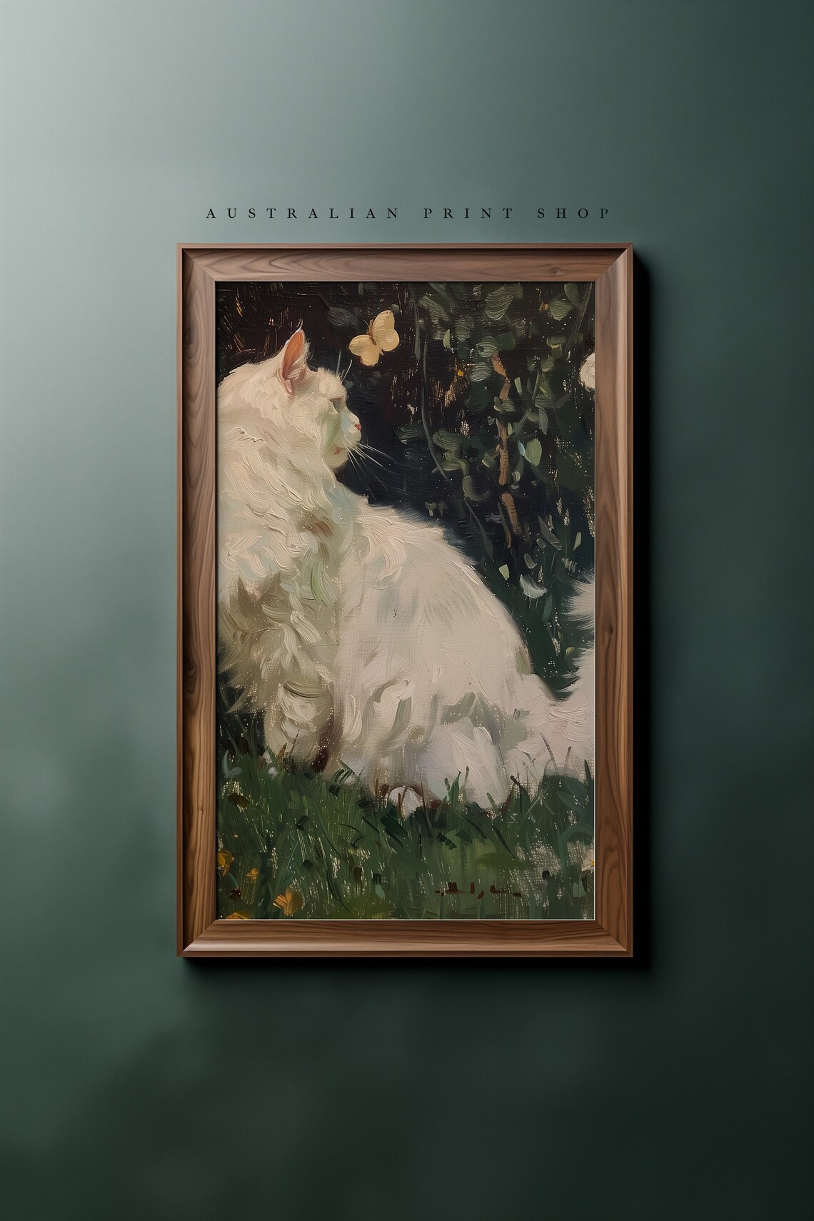 Fluffy White Cat Watching a Butterfly in a Dark Garden Cat Poster - Image 6