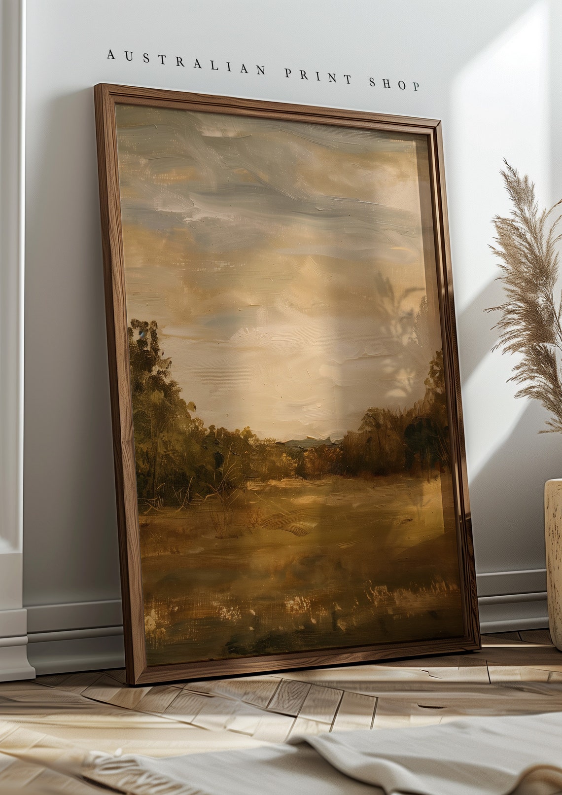 Vintage Rustic Countryside Painting Muted Landscape Print Moody Living Room Decor Neutral Farmhouse Wall Art