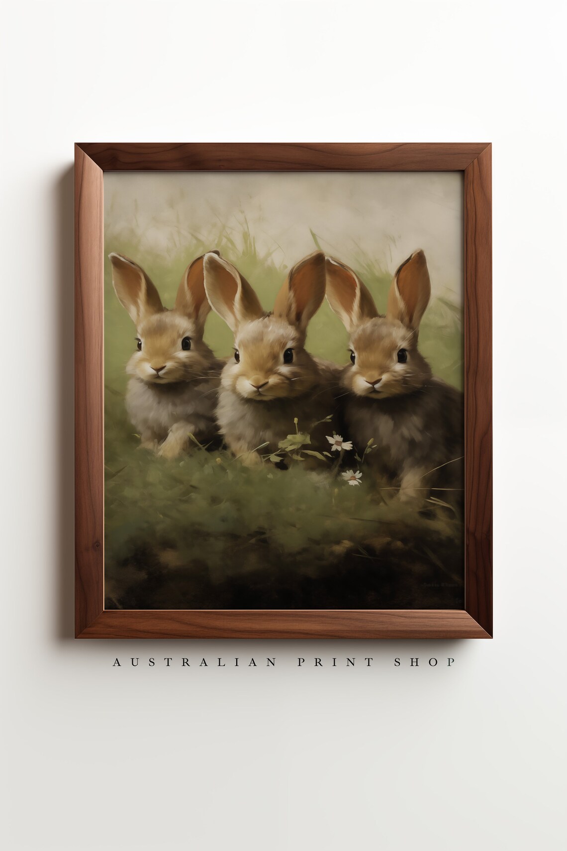 Three Cute Bunny Rabbits Huddled In Grass Vintage Oil Painting Poster - Image 2