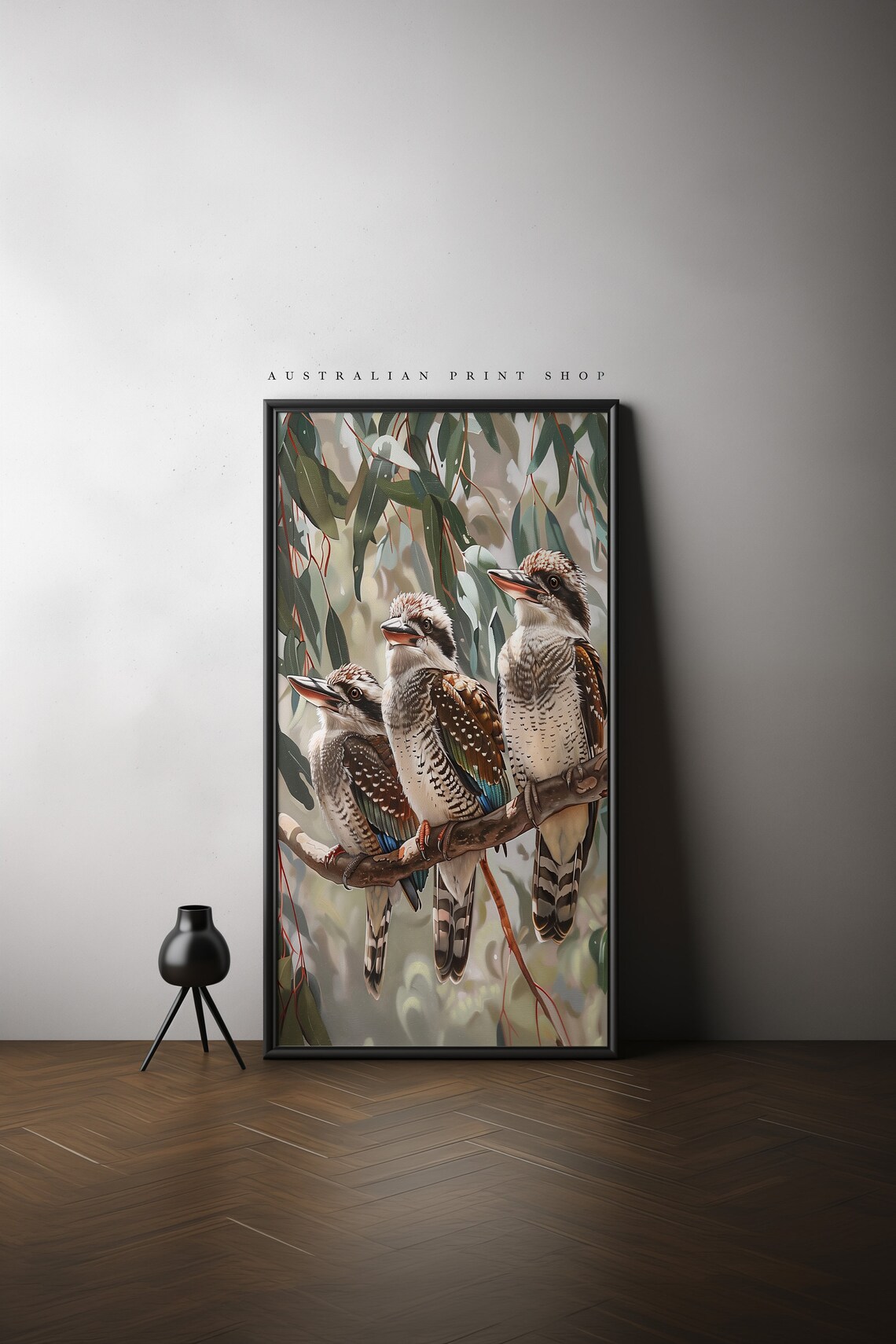 Kookaburra Trio, Sage Green Australian Art Print - Image 2