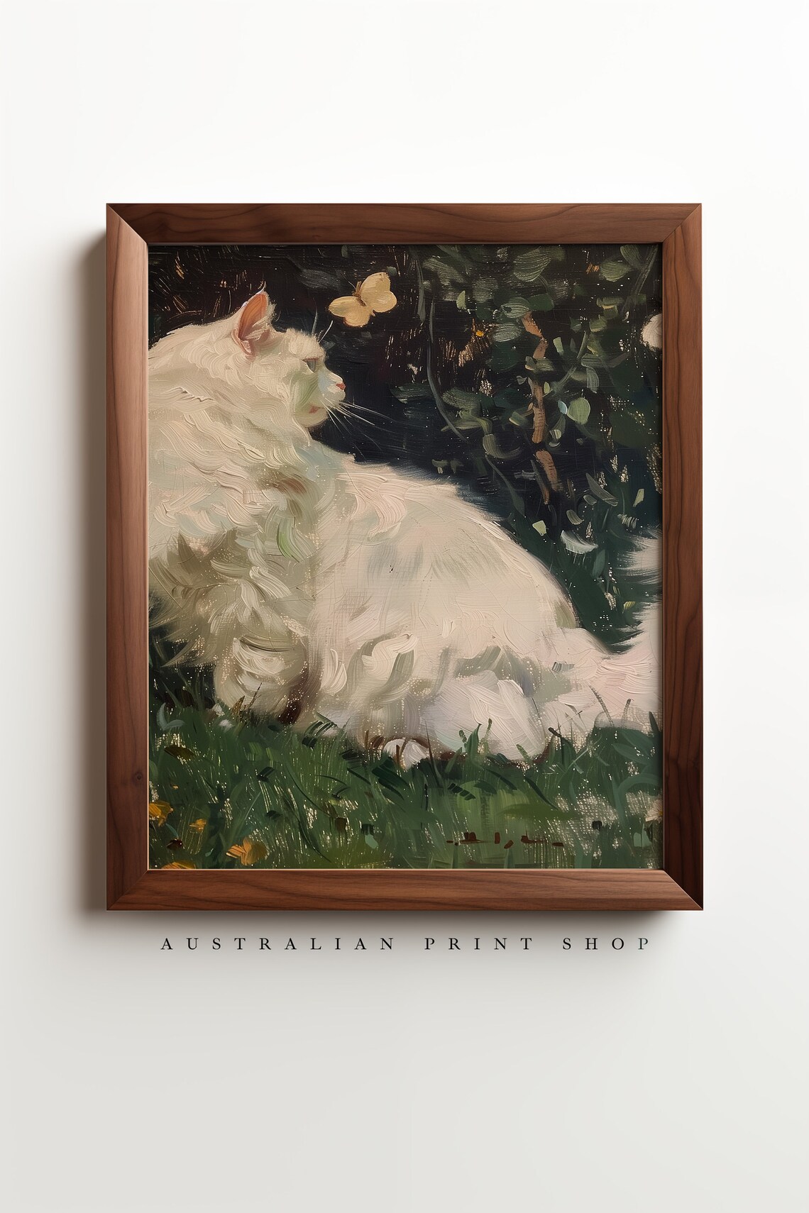 Fluffy White Cat Watching a Butterfly in a Dark Garden Cat Poster - Image 3