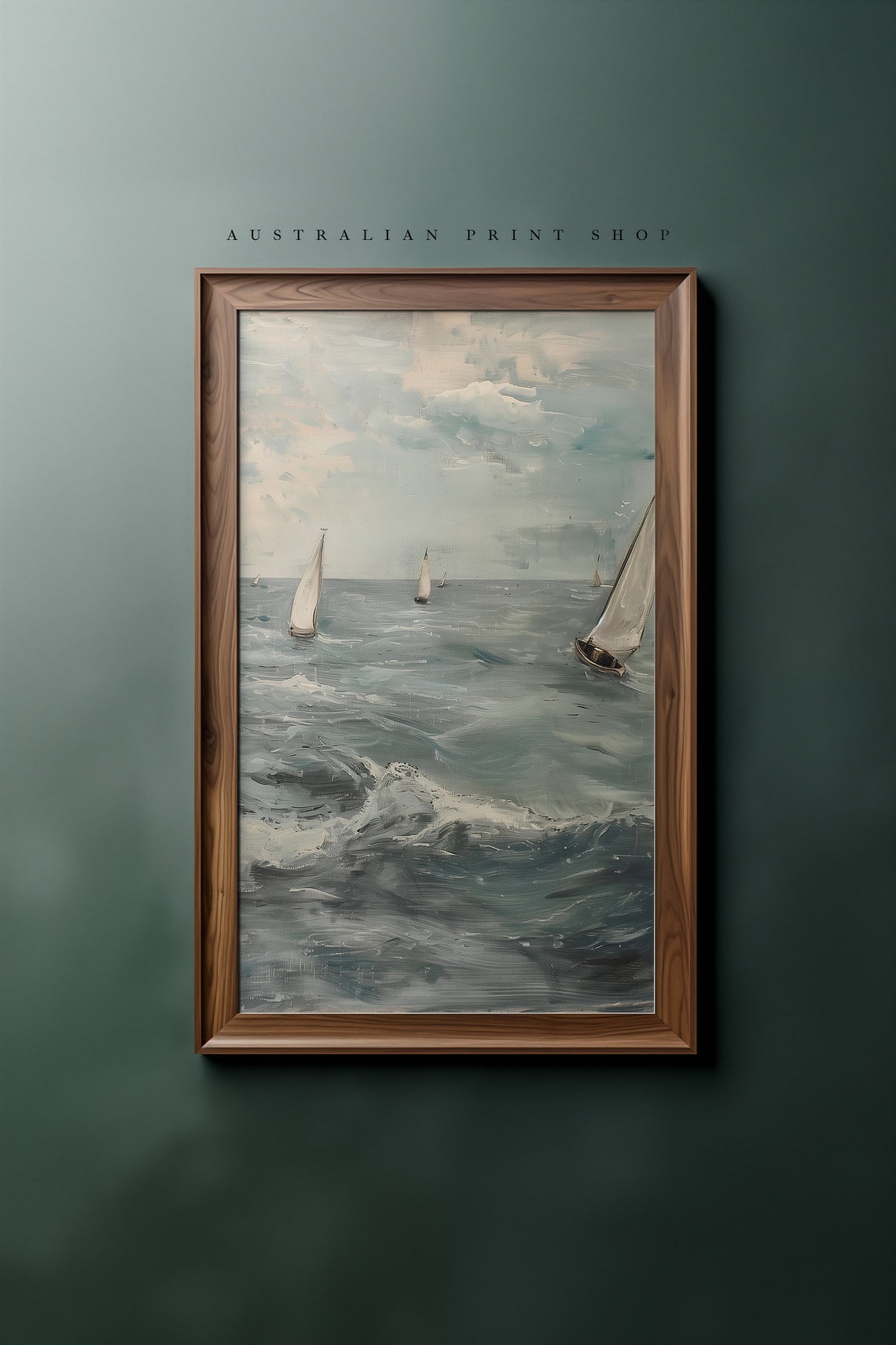 Vintage Ocean Oil Painting Muted Nautical Seascape Print Neutral Sailboat Ocean Art