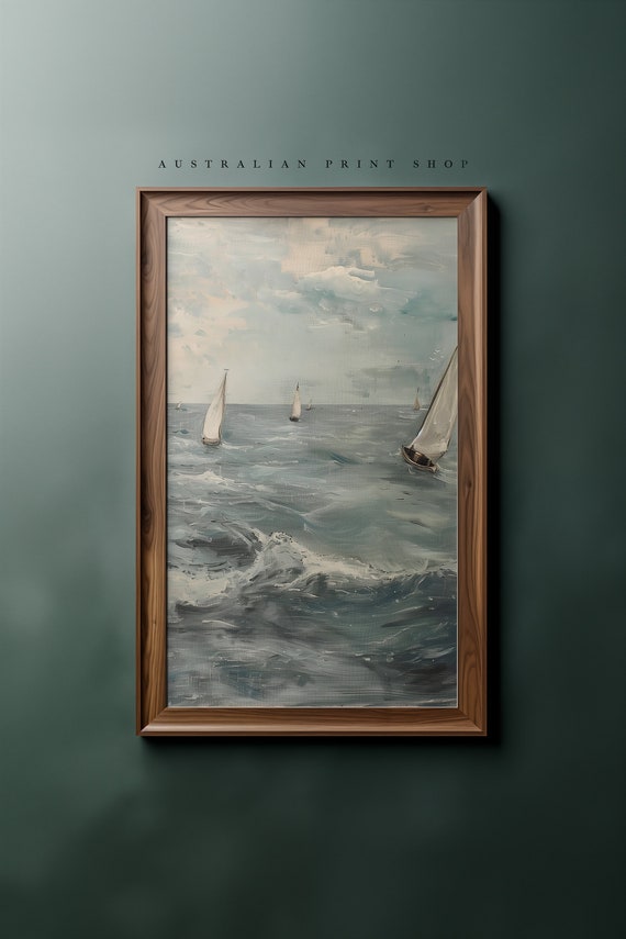 Vintage Ocean Oil Painting Muted Nautical Seascape Print Neutral Sailboat Ocean Art