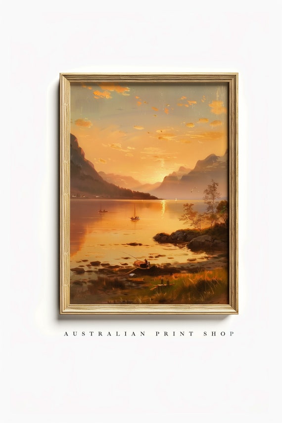 Sunset Lake Print Oil Painting Captivating Sunset Art Cottage Decor Poster Farmhouse Wall Art Lake Art