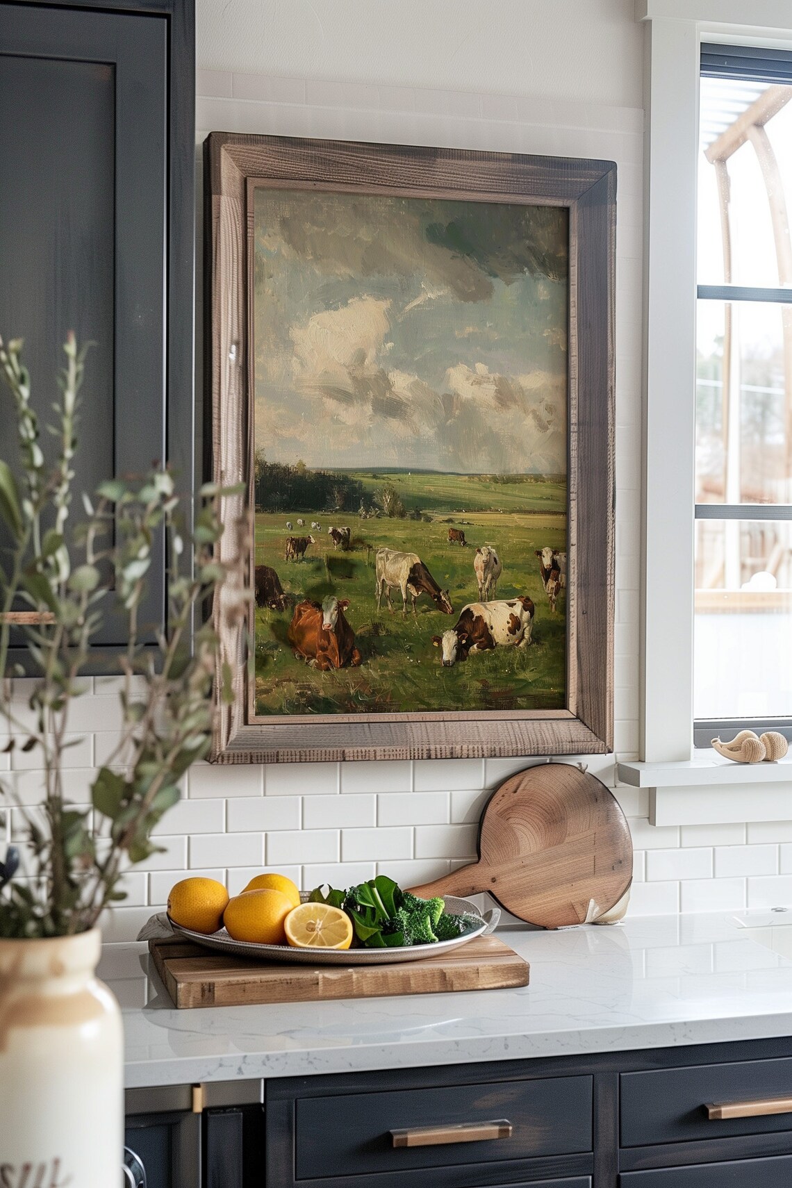 Vintage Meadow Cow Art Print, Farmhouse Landscape