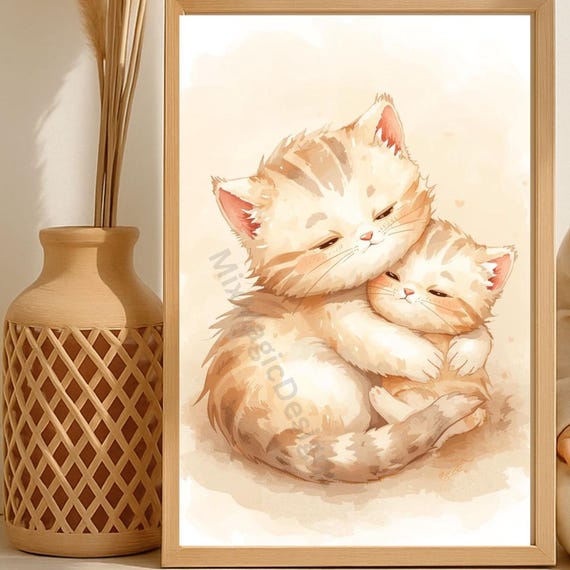 Cat Cuddly Poster Mother Baby Kitten Illustration For Childrens Room As Pdf In A1 A2 A3 A4 A5