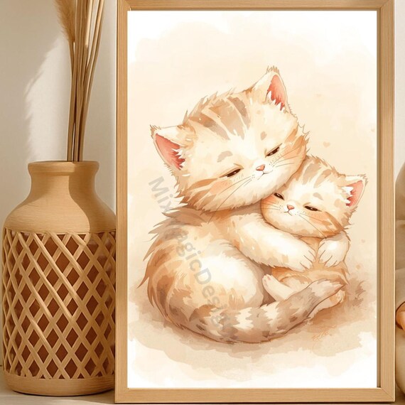 Cat Mom Hugging Kitten Watercolor Illustration Sweet Nursery Poster