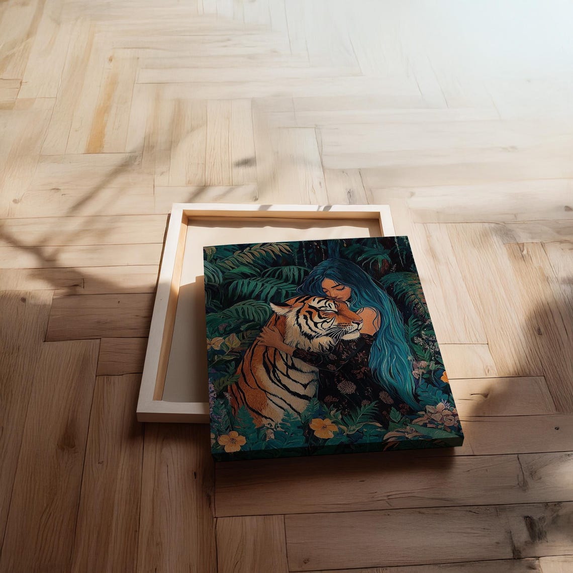 Blue Haired Woman Hugging Tiger In Mystical Jungle Art Poster - Image 2