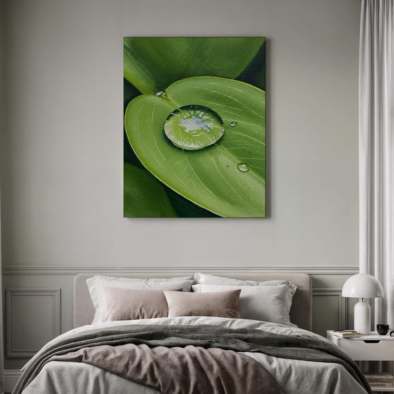 Dewdrop On A Leaf Minimalist Spa Serene Wall Art Green Botanical Nature Macro Framed Zen Photo Decor