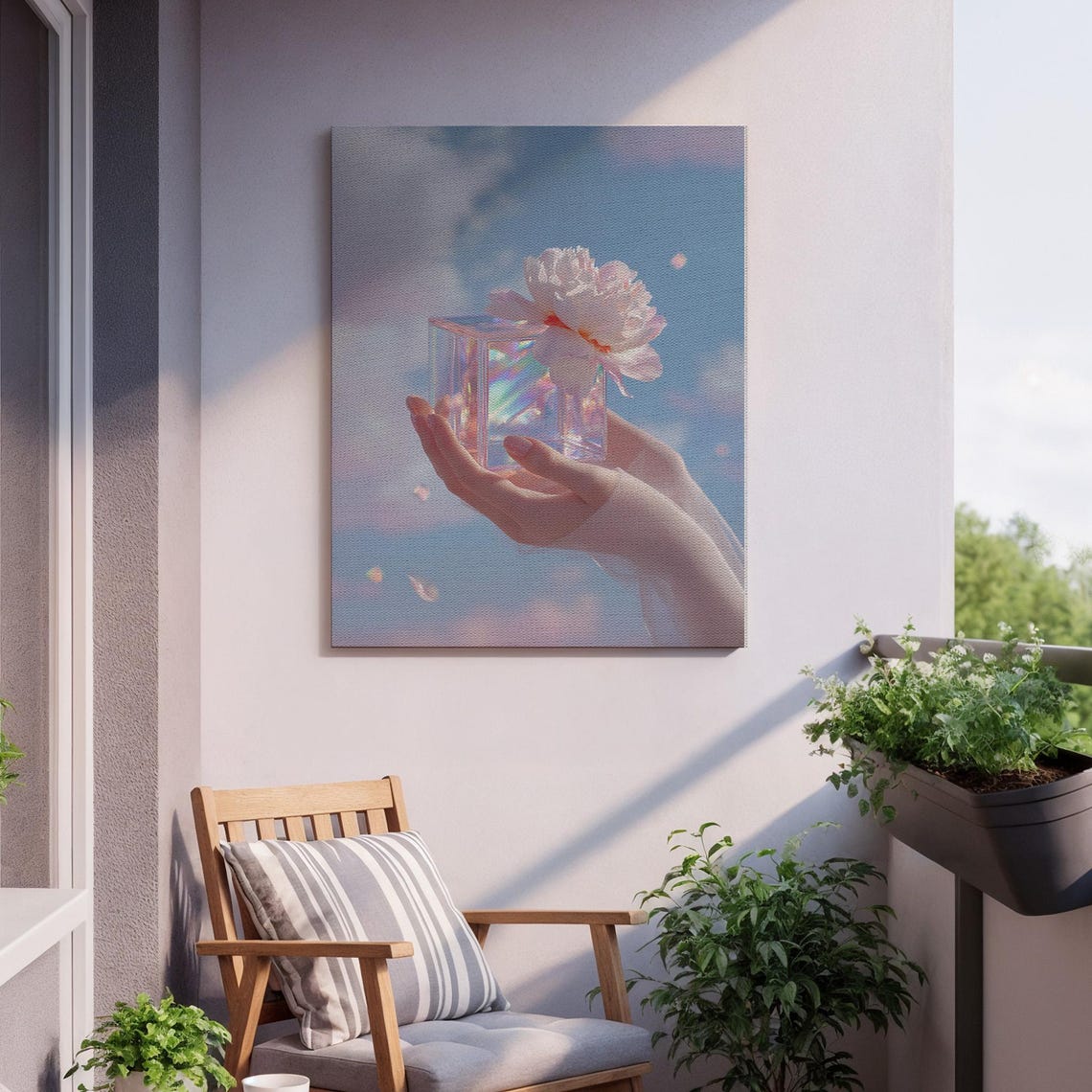 Hand Holding Glass Cube Peony Dreamy Sky Surreal Floral Poster