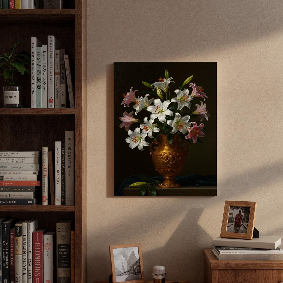 White Pink Lilies in Gold Vase Moody Floral Still Life Poster