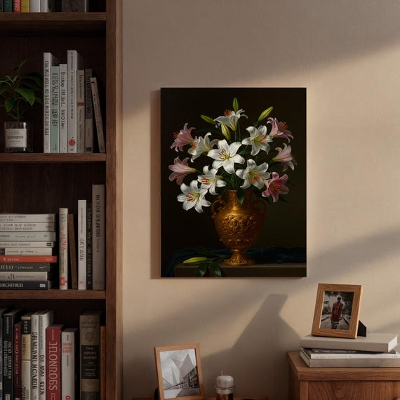 Pink White Lily Still Life Painting Framed Moody Floral Golden Vase Artwork Classic Botanical Embellishment Elegant Gift Keepsake
