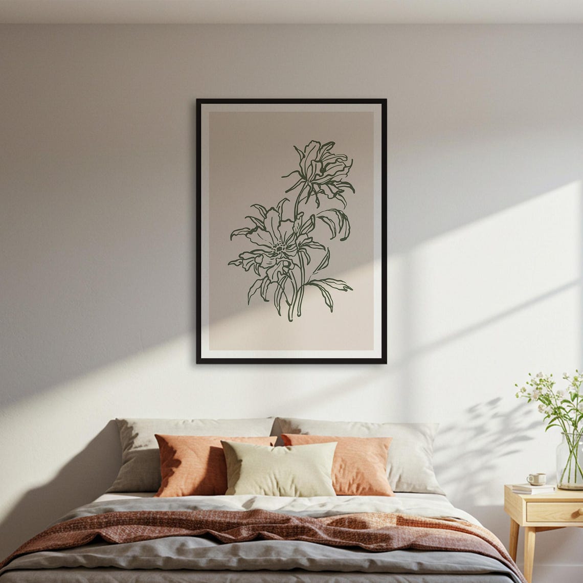 Minimalist Green Flower Line Art Botanical Wall Decor Poster