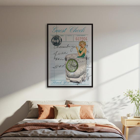 Retro Diner Wall Art Print Pinup Girl Guest Check Poster Vintage Collage Decor Framed Or Unframed Nostalgic Home Accent