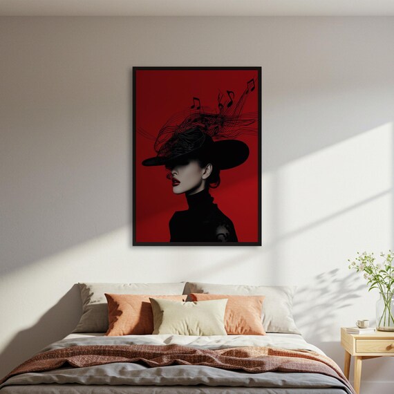 Elegant Woman Wide Brim Hat Music Notes Red Background Poster