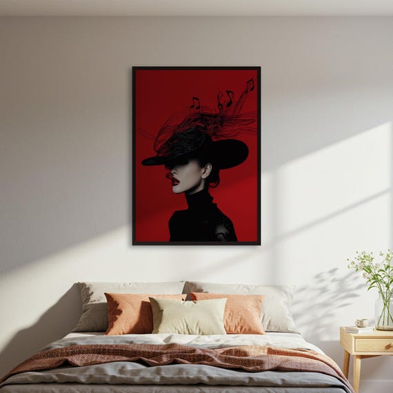 Woman With Hat And Music Notes Art Print Fashion Illustration Poster Red Black Wall Stylish Decor Framed Or Unframed