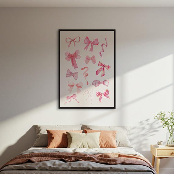 Pink Bows Poster Print Scattered Watercolor Ribbon Wall Art Coquette Decor Girly Nursery Room