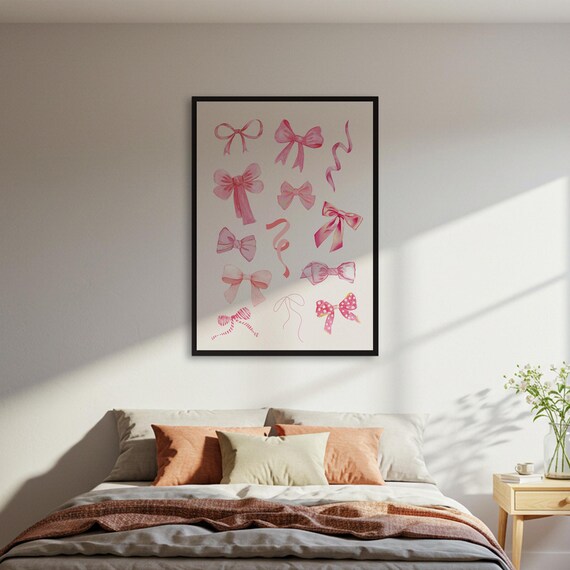 Pink Watercolor Ribbon Bows Collage Girls Nursery Wall Poster
