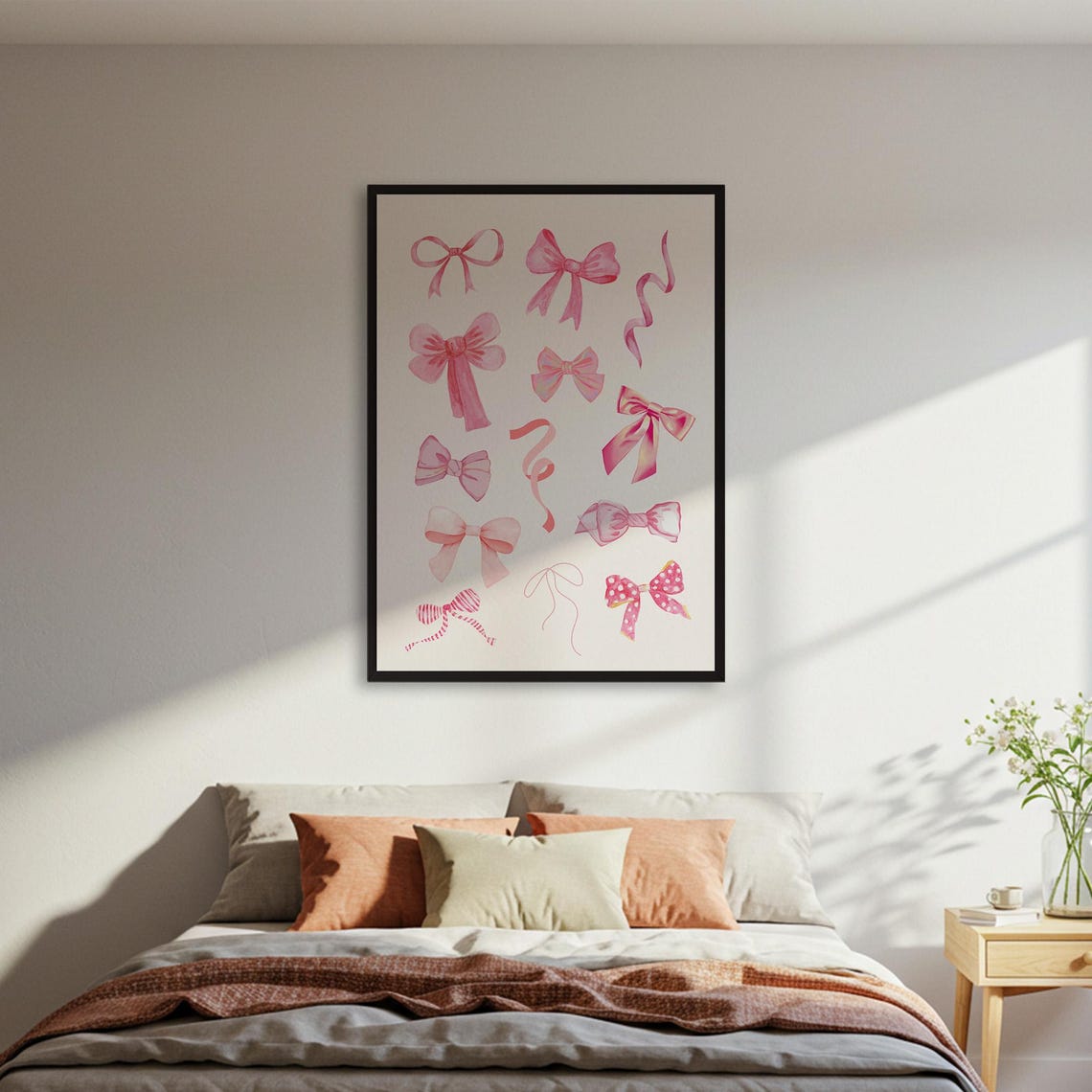 Pink Bows Poster Print Scattered Watercolor Ribbon Wall Art Coquette Decor Girly Nursery Room