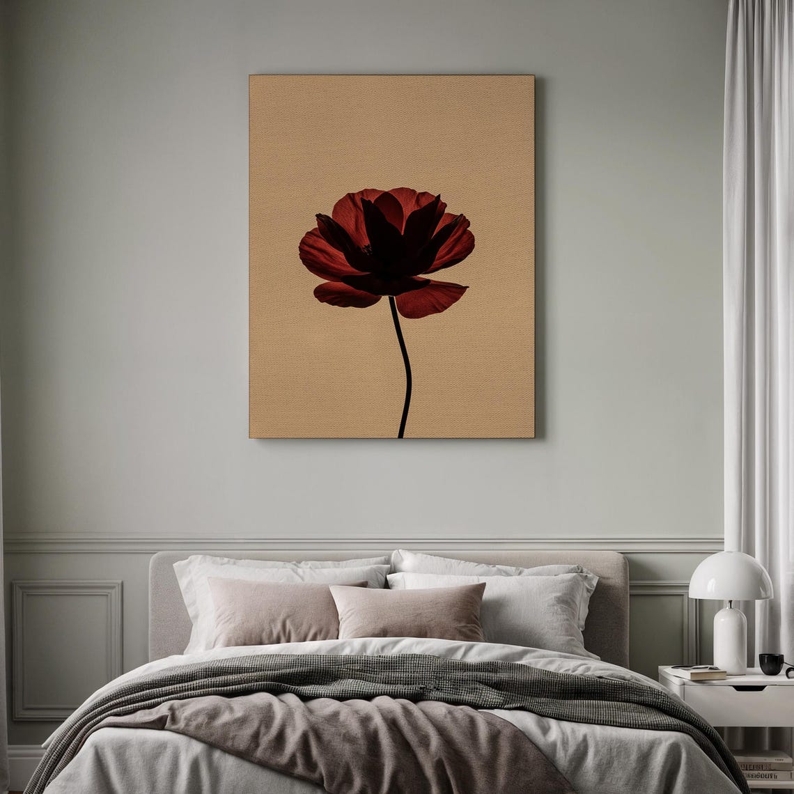 Single Red Poppy Flower Minimalist Tan Botanical Bloom Poster