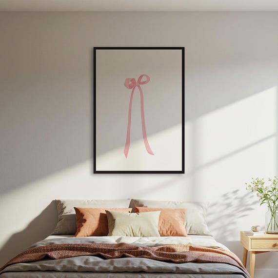 Pink Ribbon Art Print Minimalist Wall Decor Poster Cute Illustration Simple Framed Or Unframed