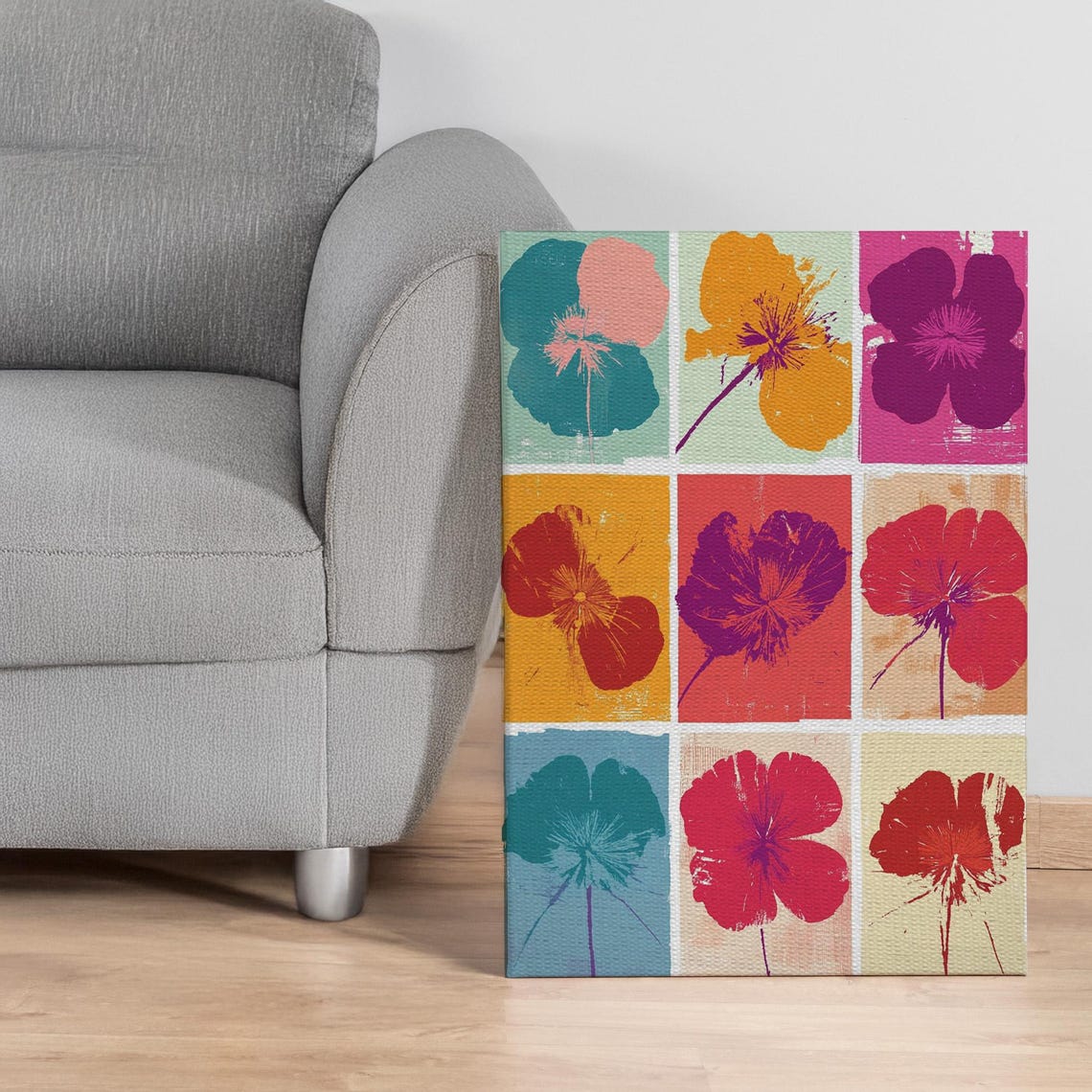 Pop Art Flower Grid Retro Square Layout Colorful Pansy Art Poster
