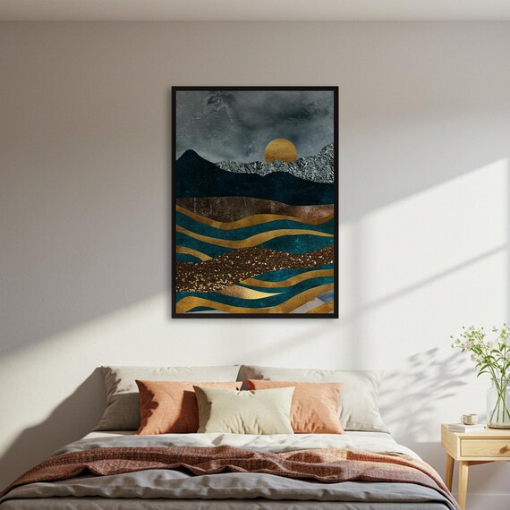 Abstract Mountain Landscape Poster Teal Gold Sun Wall Art Print Modern Textured Decor Geometric Nature