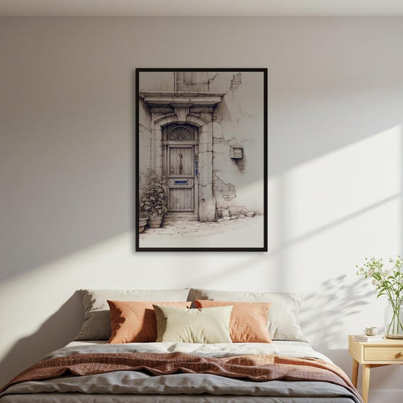 Vintage European Doorway Sketch Print Architectural Drawing Poster Old Town Wall Decor Framed Or Unframed