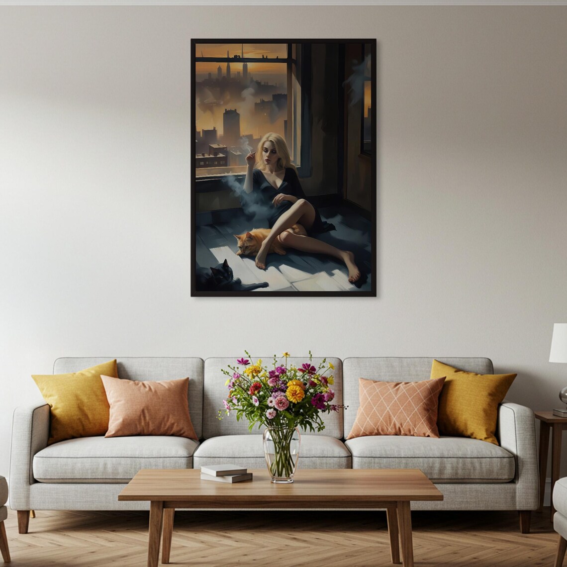 Woman Smoking by Window with Cats Sunset City Noir Art Poster - Image 2