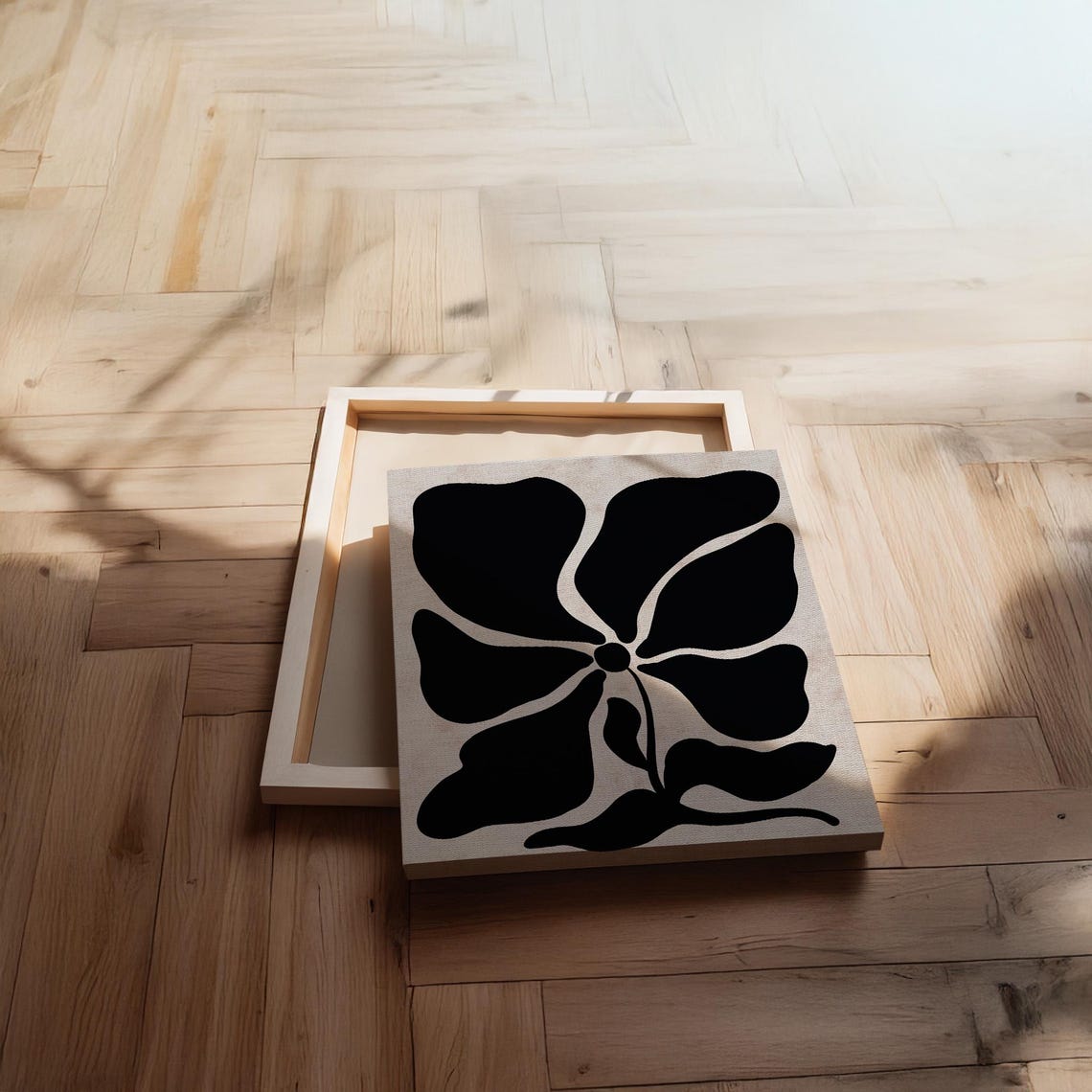 Bold Black Floral Oversized Minimal Botanical Cream Canvas Print - Image 2