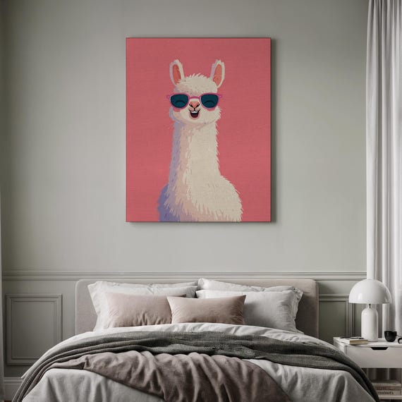 Cool Llama Portrait Funny Animal Feature Nursery Wall Display Pink Pop Illustration Sunglassed Alpaca Design Playful Childhood Vibe