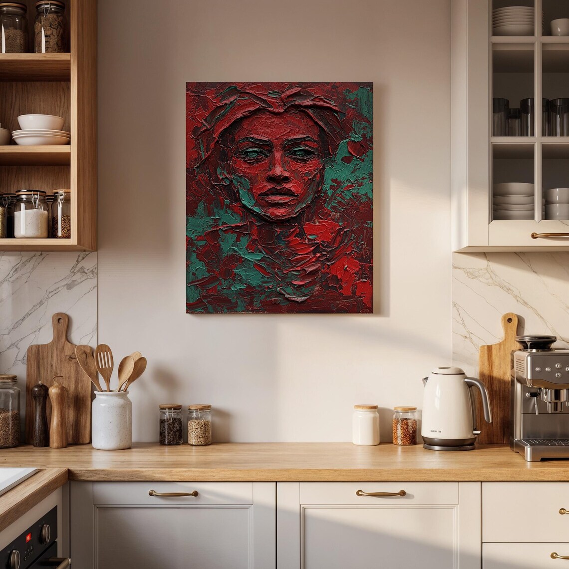 Textured Impasto Woman Portrait Red Teal Bold Expressionist Poster - Image 4