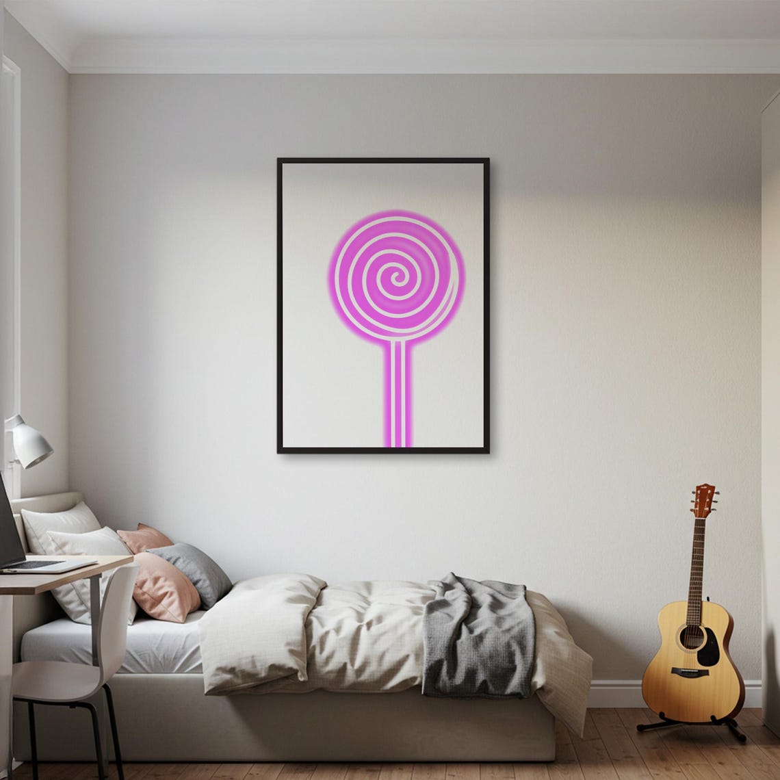 Neon Pink Spiral Lollipop Minimal Pop Art Candy Sweet Wall Poster - Image 2