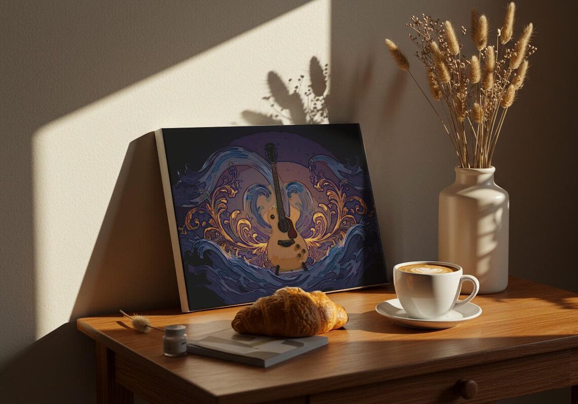Acoustic Guitar Golden Flourish Waves Whimsical Music Art Poster - Image 2