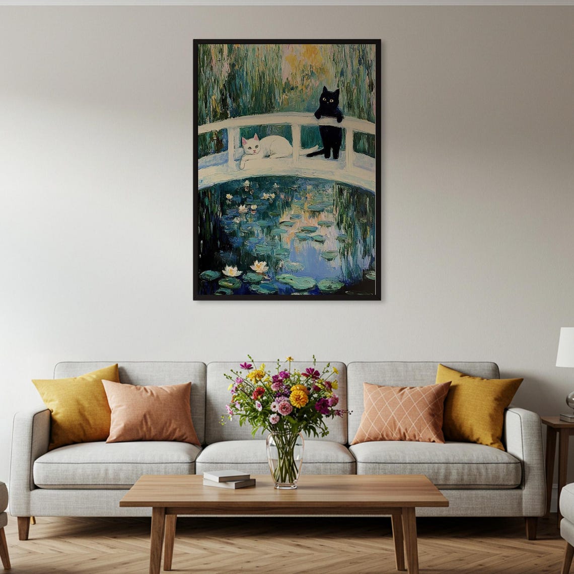 Monet Water Lilies Japanese Bridge Two Cats Impressionist Poster - Image 5